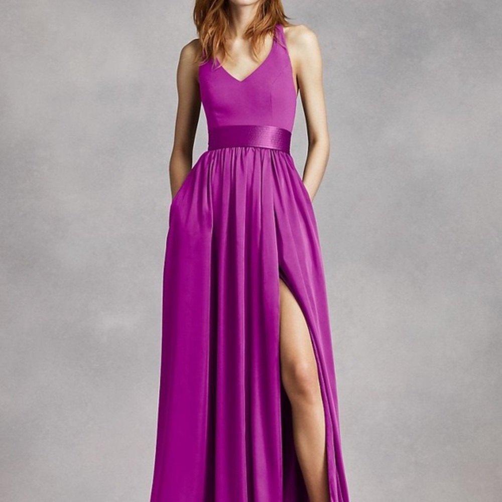 Vera Wang Cassis floor-length halter dress. two bows in the back. slit
